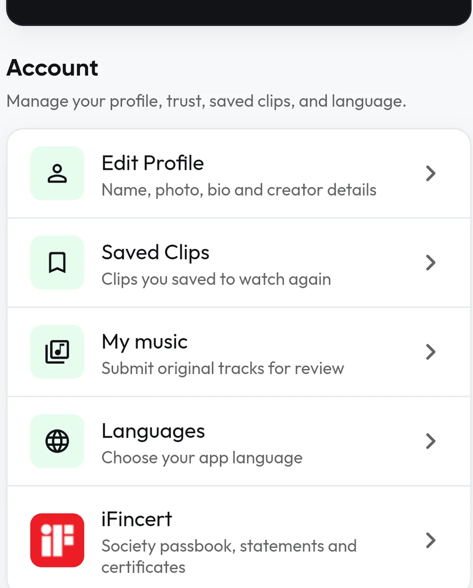YooZit Profile Settings list showing the iFincert option