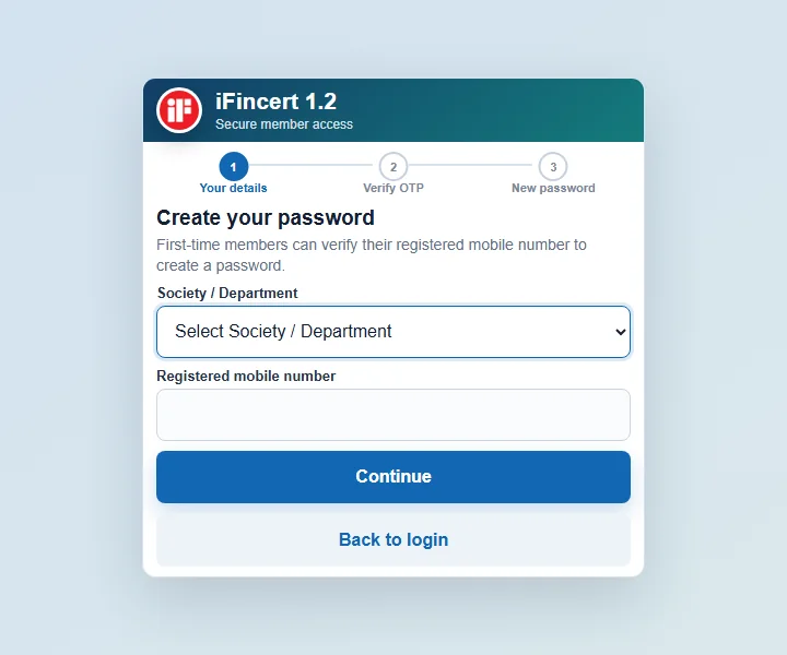 iFincert Create your password screen