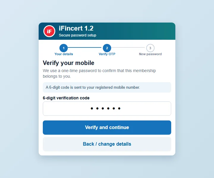 Example iFincert screen for entering a 6-digit OTP
