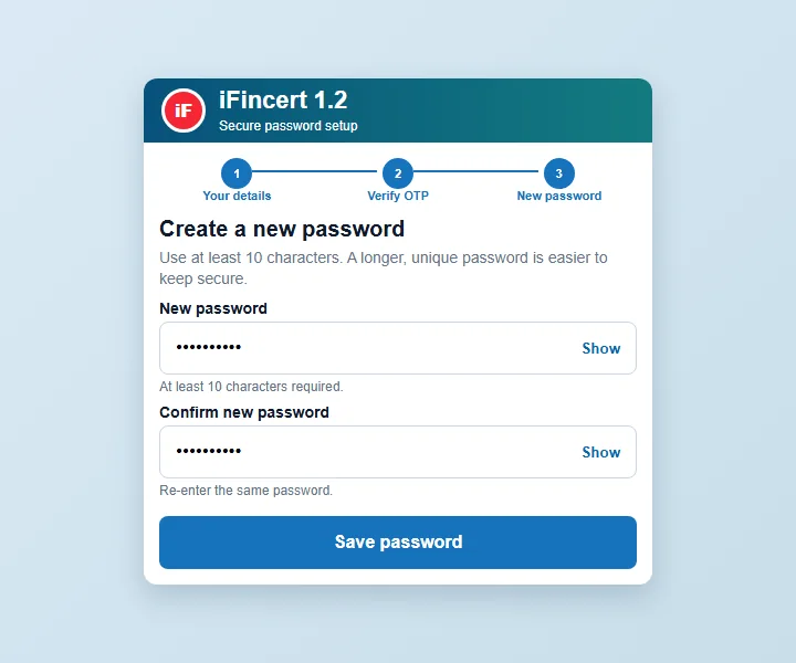 Example iFincert new-password and confirmation screen