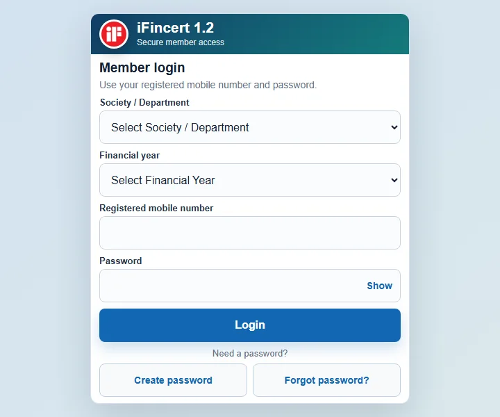 iFincert member login screen with society, year, mobile and password fields